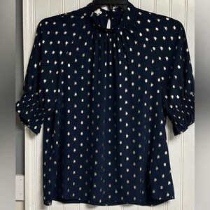 Ted Baker London Puff Sleeve Navy Blue Top Blouse W/ Gold Metallic Print